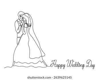 Happy wedding day greeting card. groom and bride in a wedding dress and veil. continuous single one line art drawing sketch, logo