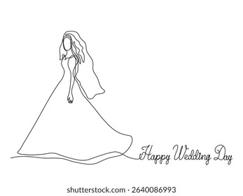 Happy wedding day greeting card. bride in a wedding dress and veil. continuous single one line art drawing sketch, logo