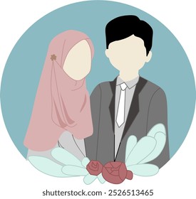 Happy wedding day vector animated illustration for wedding invitation greeting cards. A husband and wife celebrate their wedding day. handwritten sign, hijab muslim,