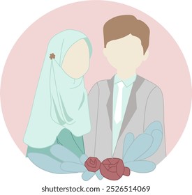 Happy wedding day vector animated illustration for wedding invitation greeting cards. A husband and wife dress green celebrate their wedding day. handwritten sign, hijab muslim,