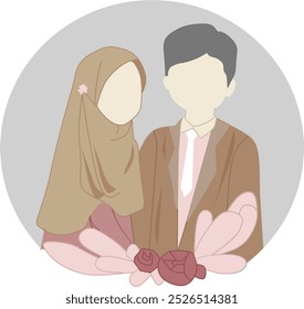 Ilustración animada del Vector del día de boda feliz para las tarjetas de felicitación de la invitación de la boda. Un esposo y su esposa celebran su vestido de boda marrón. signo escrito a mano, hijab musulmán. Ilustración vectorial