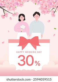 Happy Wedding Festa Sale banner with Cherry blossom. Wedding day (Korean translation : Wedding Sale)