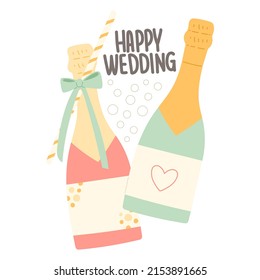 Happy wedding flat vector illustration with champaigne bottle