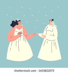 Feliz matrimonio lésbico pareja homosexual. Dos novias aisladas en un fondo blu. Acabo de casar.Girl pone otro anillo en su dedo.Plantilla para su texto.Coloridas ilustraciones de vector plano.