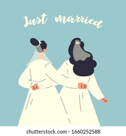 Happy wedding lesbian homosexual couple. Two brides isolated on blue background.Just married.Poster.Colorful flat cartoon vector illustrations.