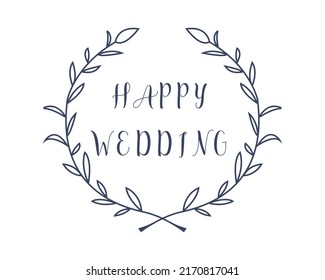 Happy Wedding lettering phrase quote text handwritten black text isolated on white background, vector.