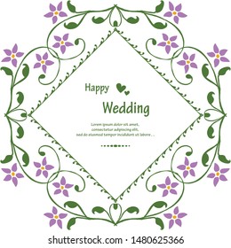 Happy wedding lettering, shape of card, various design flower frame. Vector