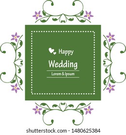 Happy wedding lettering, shape of card, various design flower frame. Vector