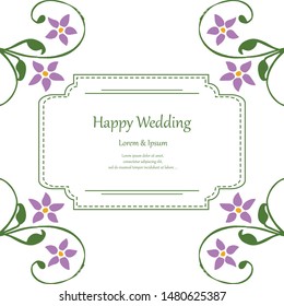 Happy wedding lettering, shape of card, various design flower frame. Vector