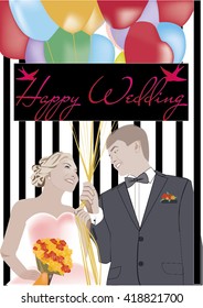 happy wedding lines flowers woman men balloons birds 