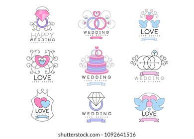 Happy wedding and love set for logo design, collection of colorful Illustrations