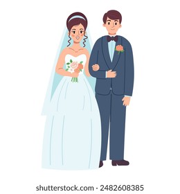 Happy wedding of man and woman cartoon flat style. The bride with a veil holds a bouquet, the groom stands in a blue suit, smiling.