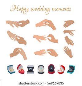 Happy wedding moments rings on fingers collection on white. Men's hands putting wedding rings on women's fingers, set of female hands with decorations and open wedding boxes with rings underneath