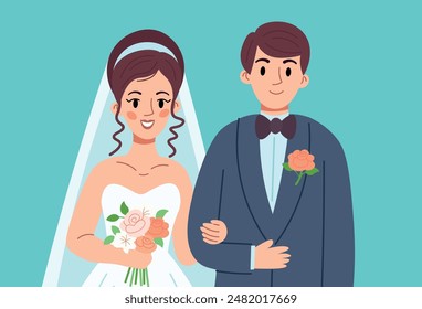 Happy wedding photo of man and woman cartoon flat style. The bride with a veil holds a bouquet, the groom stands in a blue suit, smiling.