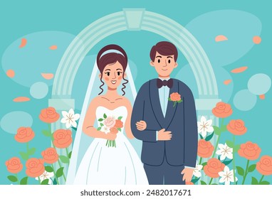 Happy wedding photo of man and woman cartoon flat style. The bride with a veil holds a bouquet, the groom stands in a blue suit, smiling. Newlyweds stand at the will of the arch in roses