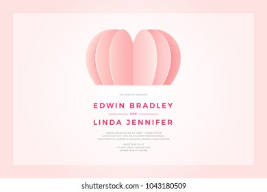 Happy Wedding postcard with love symbol paper art flying elements on white pink background. women's, birthday, mother's day, anniversary greeting card design. Eps10 vector illustration
