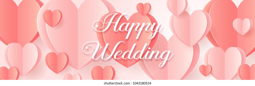 Happy Wedding postcard with love symbol paper art flying elements on white pink background. women's, birthday, mother's day, anniversary greeting card design. Eps10 vector illustration