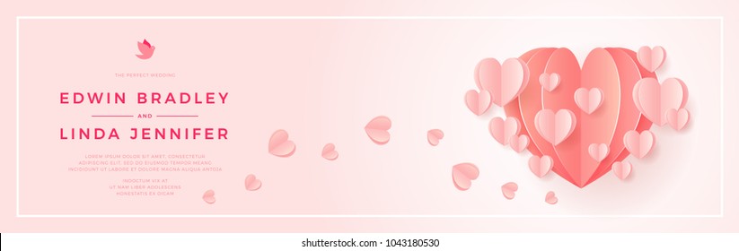 Happy Wedding postcard with love symbol paper art flying elements on white pink background. women's, birthday, mother's day, anniversary greeting card design. Eps10 vector illustration