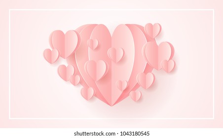 Happy Wedding postcard with love symbol paper art flying elements on white pink background. women's, birthday, mother's day, anniversary greeting card design. Eps10 vector illustration