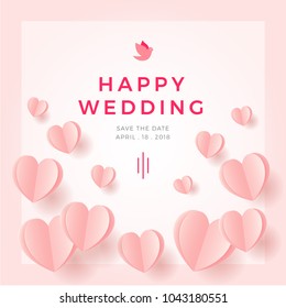 Happy Wedding postcard with love symbol paper art flying elements on white pink background. women's, birthday, mother's day, anniversary greeting card design. Eps10 vector illustration
