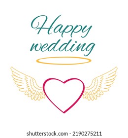 Happy wedding. Square card with heart and wings. Vector illustration in line art style. Save the date