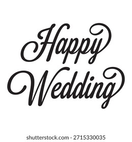 Texto de Boda feliz en tipografía elegante de letras a mano. Diseño de Vector con letras personalizado en estilo de caligrafía moderna. Letras negras aisladas sobre fondo blanco, perfectas para invitaciones de boda, tarjetas de felicitación, carteles, impresiones, decoraciones y proyectos de diseño romántico.