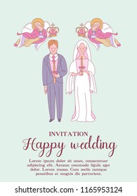 Happy wedding. Vector illustration. Wedding ceremony. The bride and groom. Romantic wedding card, wedding invitation.