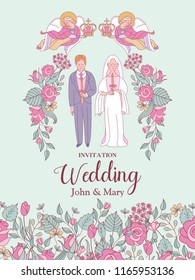 Happy wedding. Vector illustration. Wedding ceremony. The bride and groom. Romantic wedding card, wedding invitation.