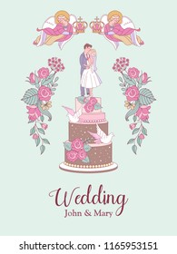 Happy wedding. Vector illustration. Wedding ceremony.  Romantic card, wedding invitation. Figures of the bride and groom on the wedding cake.
