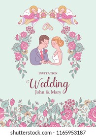 Happy wedding. Vector illustration. Wedding ceremony. The bride and groom. Romantic wedding card, wedding invitation.