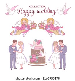 Happy wedding.  Vector illustration.  Romantic wedding card, wedding invitation. Figures of the bride and groom on the wedding cake.