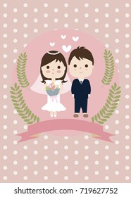 Happy wedding : Vector illustration of young happy newlyweds bride and groom. Just married couple. Illustration for print