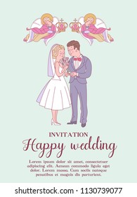 Happy weddings. Wedding card. Wedding invitation. Bride and groom. Two angels hold wedding crowns over the heads of the bride and groom. Cute vector illustration.