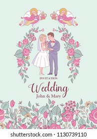 Happy weddings. Wedding card. Wedding invitation. Bride and groom in wedding costumes. Two angels hold wedding crowns over the heads of the bride and groom. Wreaths and roses. 