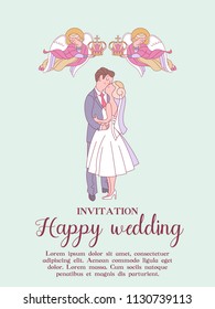 Happy weddings. Wedding card. Wedding invitation. Bride and groom. Two angels hold wedding crowns over the heads of the bride and groom. Cute vector illustration.