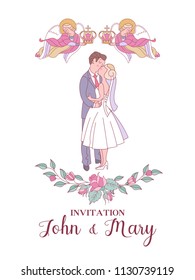 Happy weddings. Wedding card. Wedding invitation. Bride and groom in wedding costumes. Two angels hold wedding crowns over the heads of the bride and groom. Wreaths and roses. 