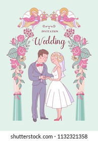 Happy weddings. Wedding card. Wedding invitation. The bride and groom stand under the pergola of roses. Two angels hold wedding crowns over the heads of the bride and groom. Cute vector illustration.