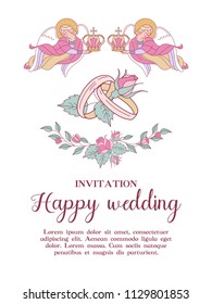 Happy weddings. Wedding invitation, postcard. Two angels are holding the wedding crowns. Gold wedding rings. Wedding in Church. Frame of pink flowers. Vector illustration.