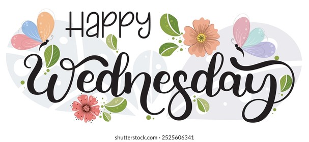 Feliz miércoles. Hola miércoles días de Vector de la semana con flores, mariposas y hojas. Ilustración (miércoles)