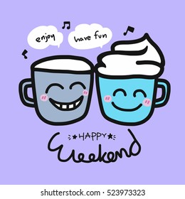 Happy weekend coffee cup cartoon illustration on purple background