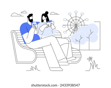 Happy weekend isolated cartoon vector illustrations. Happy couple smiling and snacking in the city park, eating pizza together, people urban lifestyle, summer weekend vector cartoon.