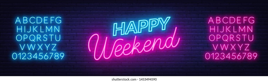 Happy weekend neon sign. Greeting card on dark background. Neon alphabet. Template for design.