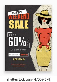 Happy Weekend Sale Poster, Banner, Flyer, Template or Brochure layout, Flat 60% Off on every brands, Vintage vector illustration.