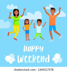 Happy Weekend Square Banner. Happy Family. Cheerful Man, Woman, Little Boy and Girl with Hands Up Flying on Blue Cloudy Sky Background. Parents with Son and Daughter. Cartoon Flat Vector Illustration.
