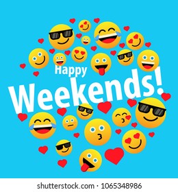 happy weekends, label or sign for greeting card or poster