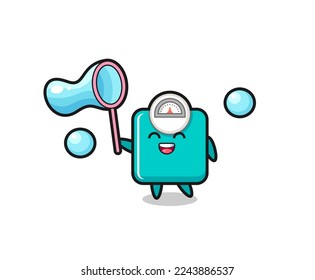caricatura de escala de peso feliz jugando a la burbuja del jabón , diseño de estilo lindo para camiseta, pegatina, elemento logotipo