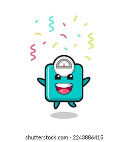 happy weight scale mascot jumping for congratulation with colour confetti , cute style design for t shirt, sticker, logo element