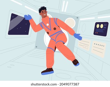 Der glückliche, schwerlose männliche Astronaut schwimmt in der Raumschiff-Kabine. Konzept der Schwerelosigkeit und Schwerelosigkeit im Kosmos. Kosmonaut, der im Raumschiff fliegt. Flaches Cartoon, Vektorgrafik