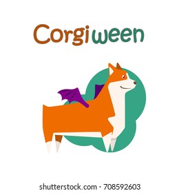 Happy welsh corgi breed dog, cutest and smallest sheepdog in halloween costume. Vector illustration