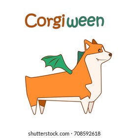 Happy welsh corgi breed dog, cutest and smallest sheepdog in halloween costume. Vector illustration